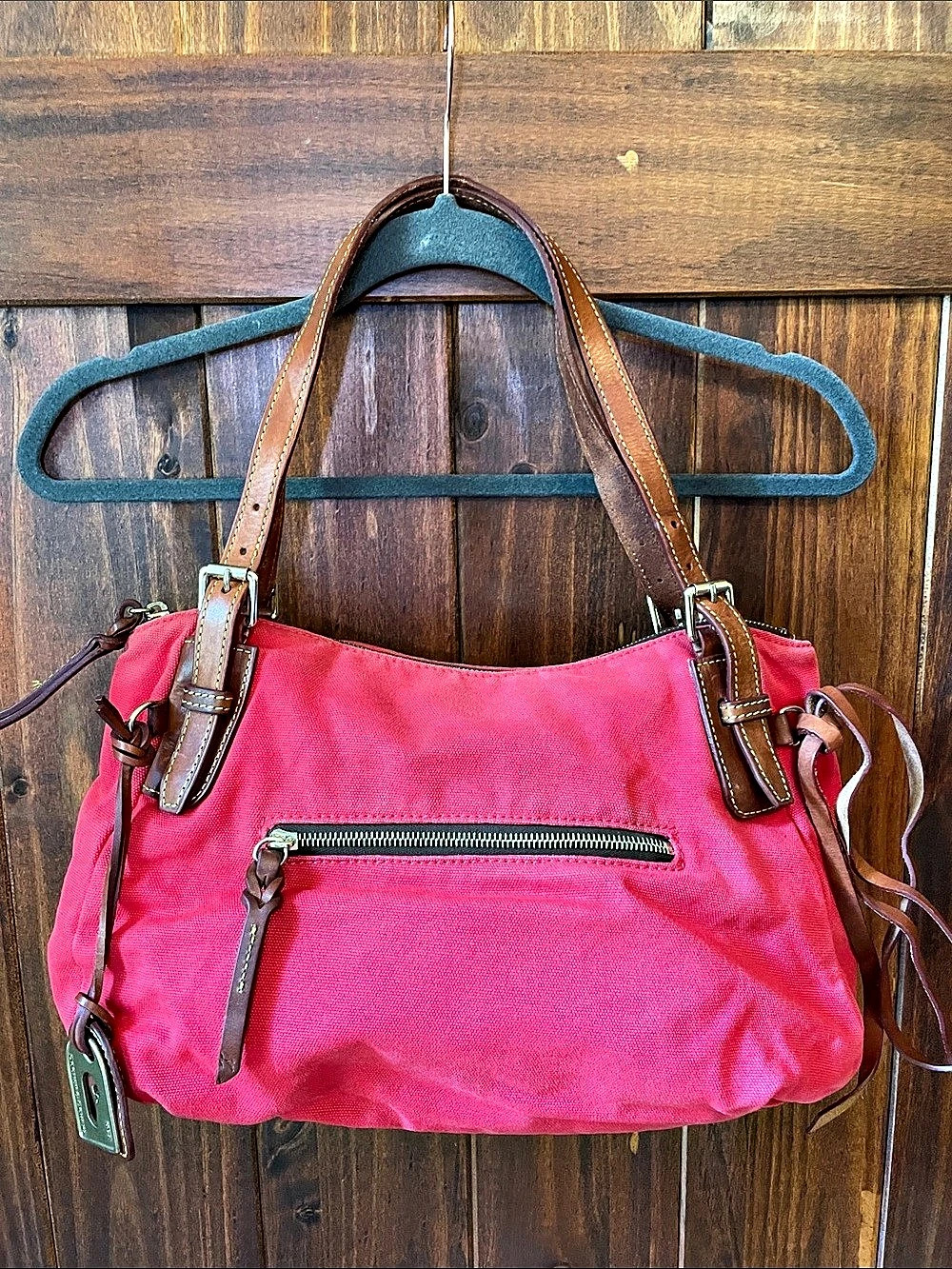 Vintage Dooney & Bourke Red Canvas & Brown Leather Shoulder Bag